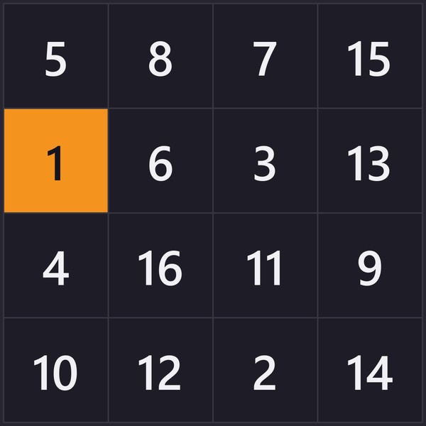 Schulte table 4×4 with the numbers 1 to 16