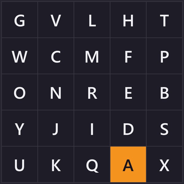 Schulte table with the letters A to Y, 5×5