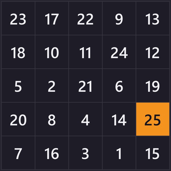 Schulte table hard mode: reverse 5×5, starting from 25