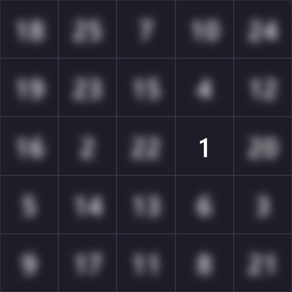 How to play the Schulte table: the 5×5 grid is blurred except for 1, which you tap to start